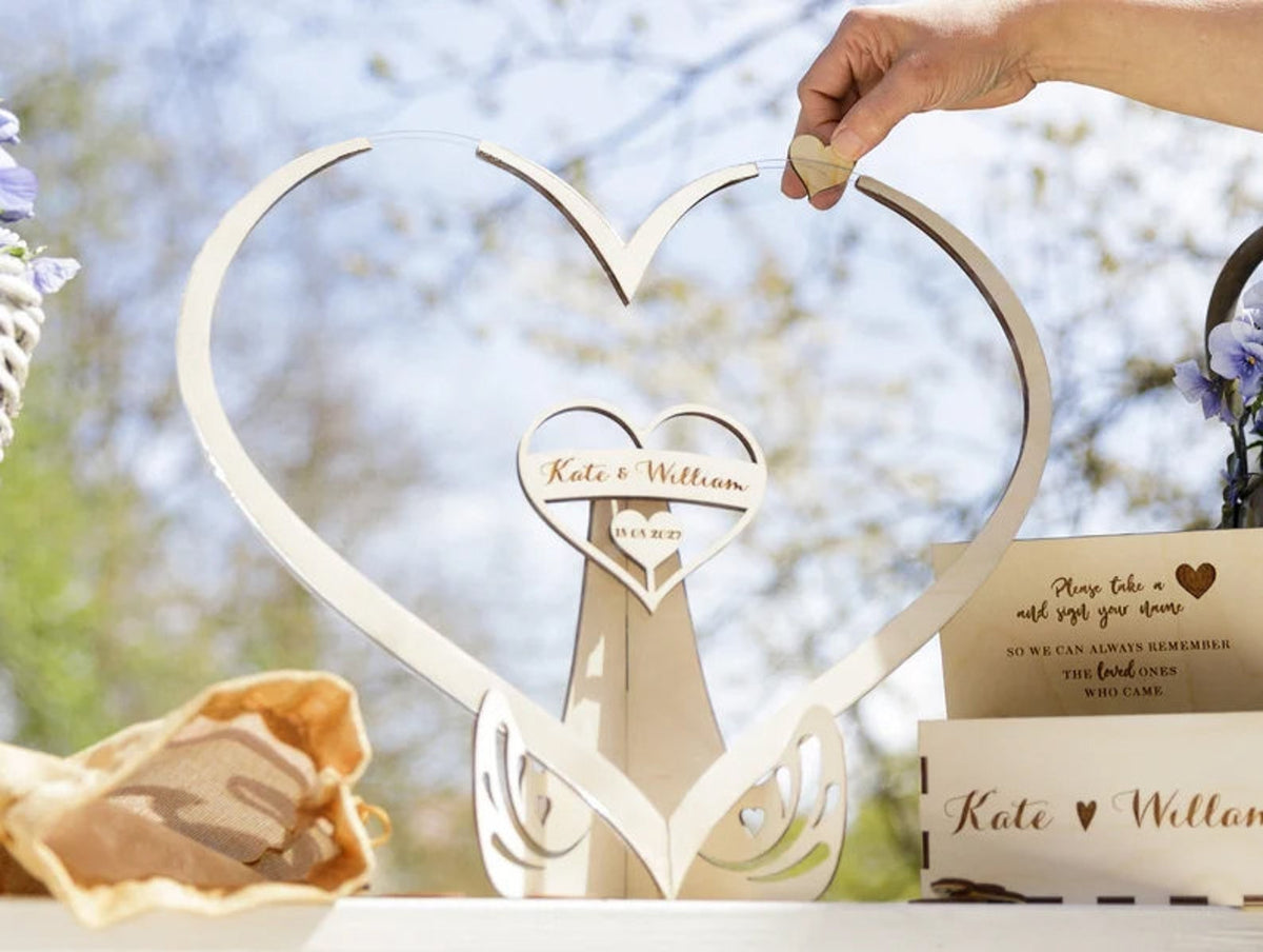 Clear Background Heart Shaped Personalised Wooden Wedding Guest Book Drop Box with Wooden Box + Wooden Pen + Wooden Hearts Set