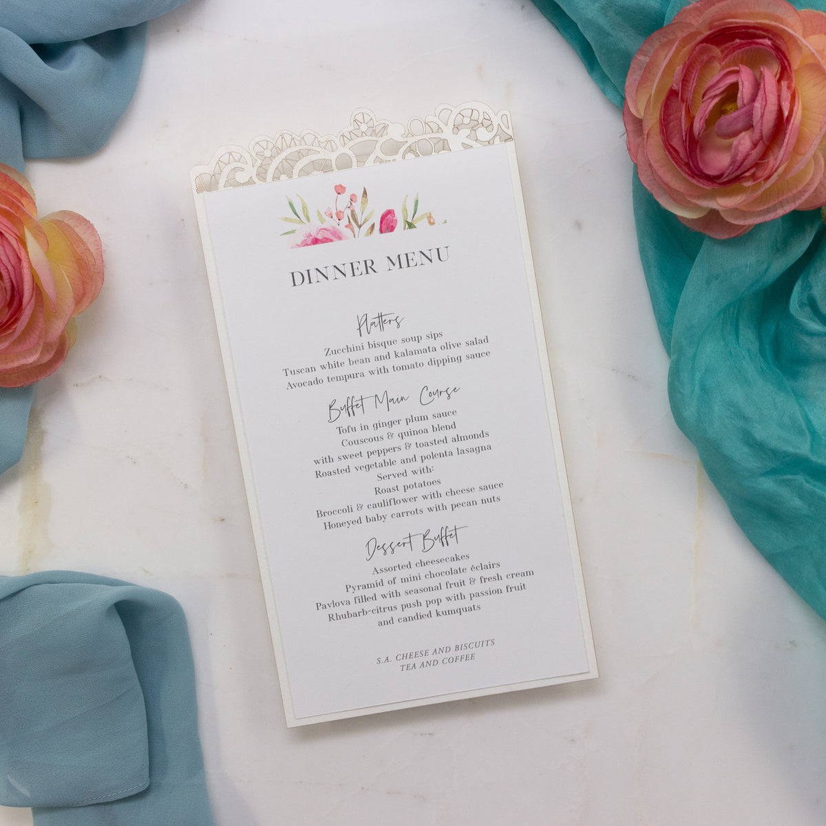 Delicate & Romantic Ecru Plate Menu with Laser Cut Details - Wedding Menu, On the Day Stationery