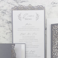 Ash Grey Elegant Plate Menu with Laser Cut Details - Wedding Table Menu, On the Day Stationery