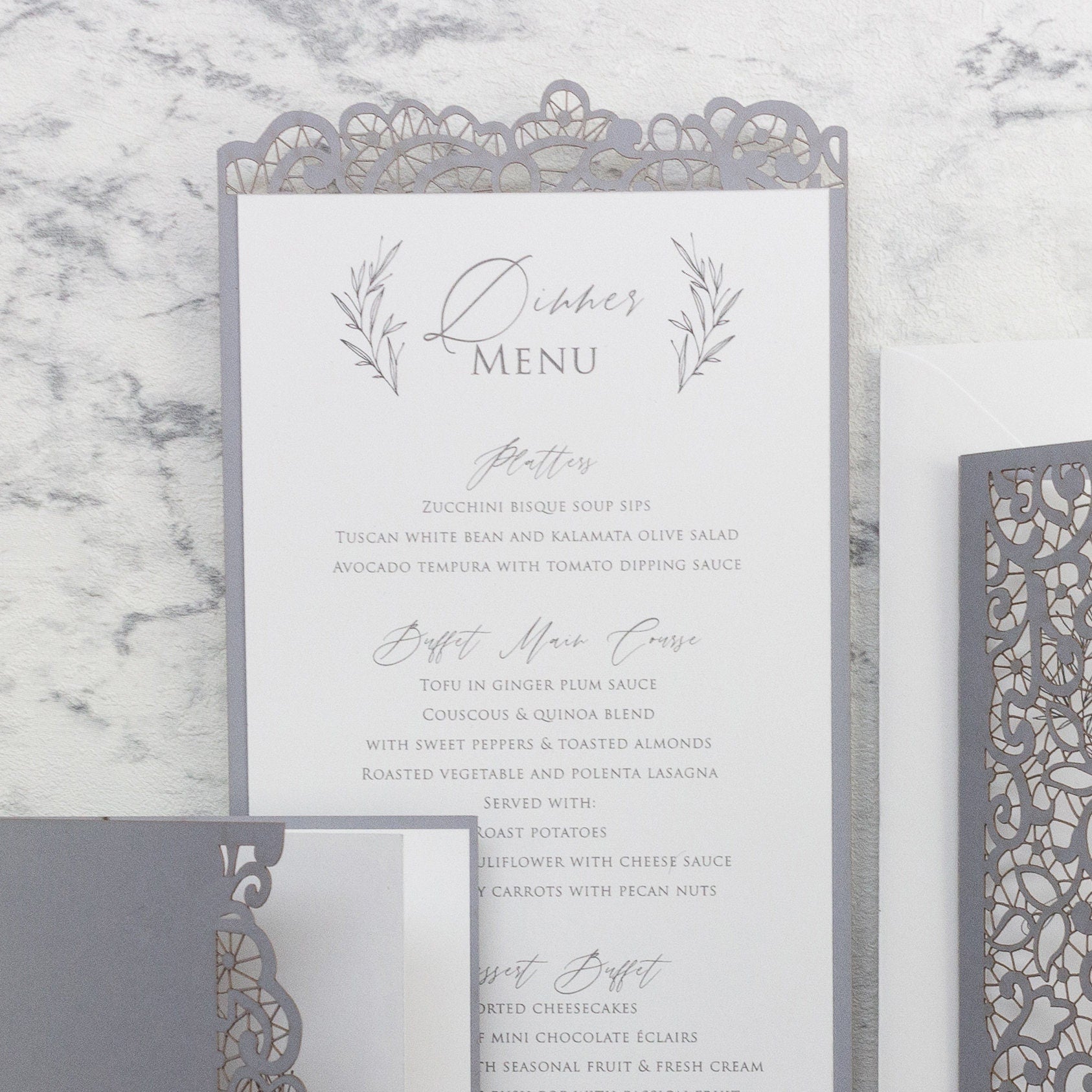 Ash Grey Elegant Plate Menu with Laser Cut Details - Wedding Table Menu, On the Day Stationery