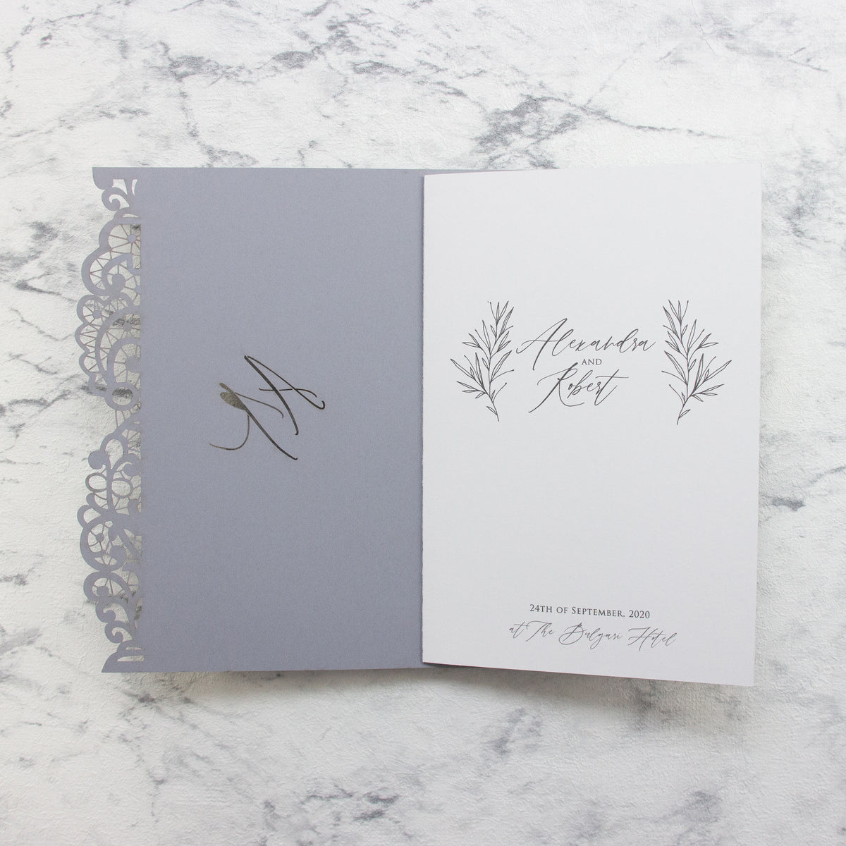 Ash Grey Order of Service Cover with Laser Cut Details - Order of Service, Wedding Booklet