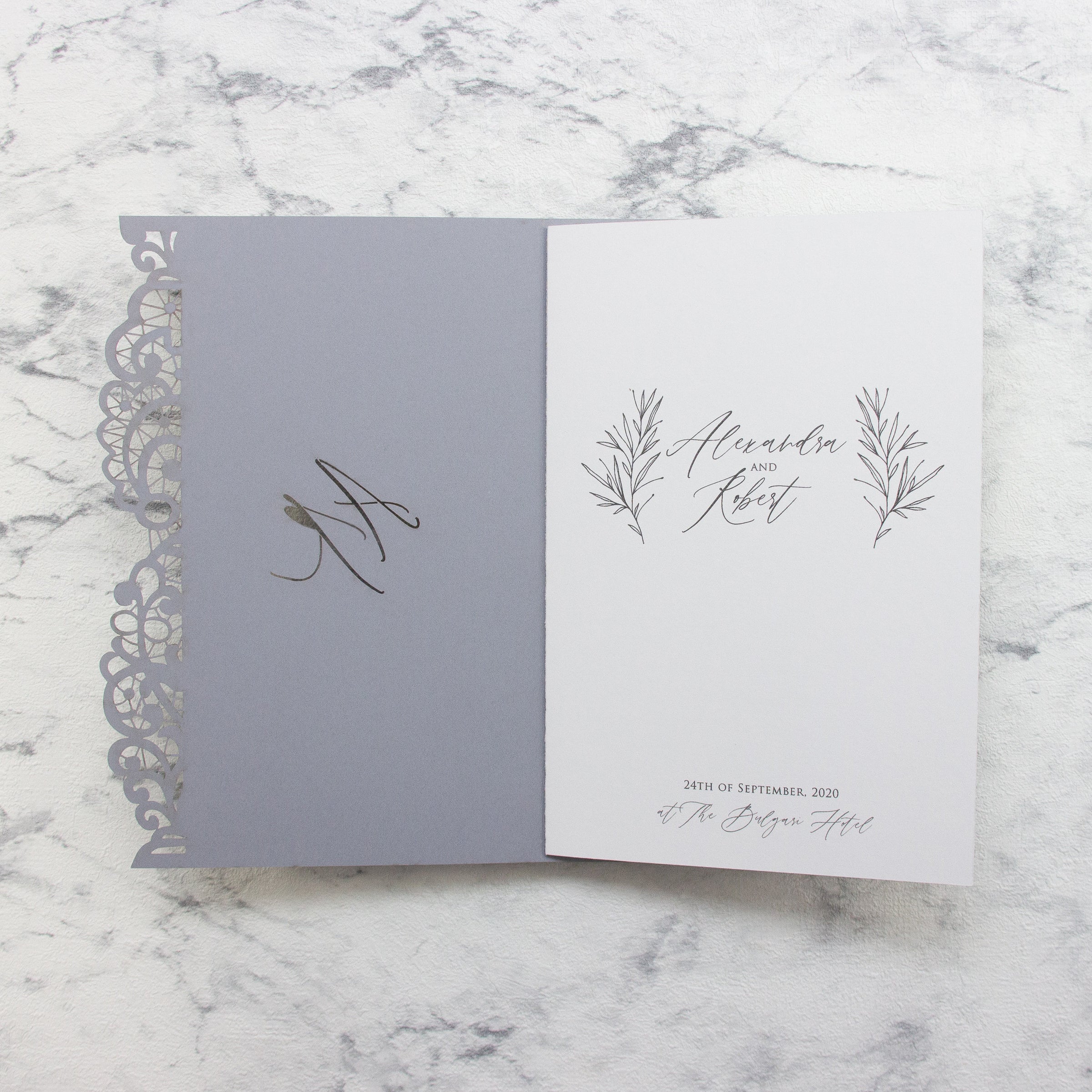 Ash Grey Order of Service Cover with Laser Cut Details - Order of Service, Wedding Booklet