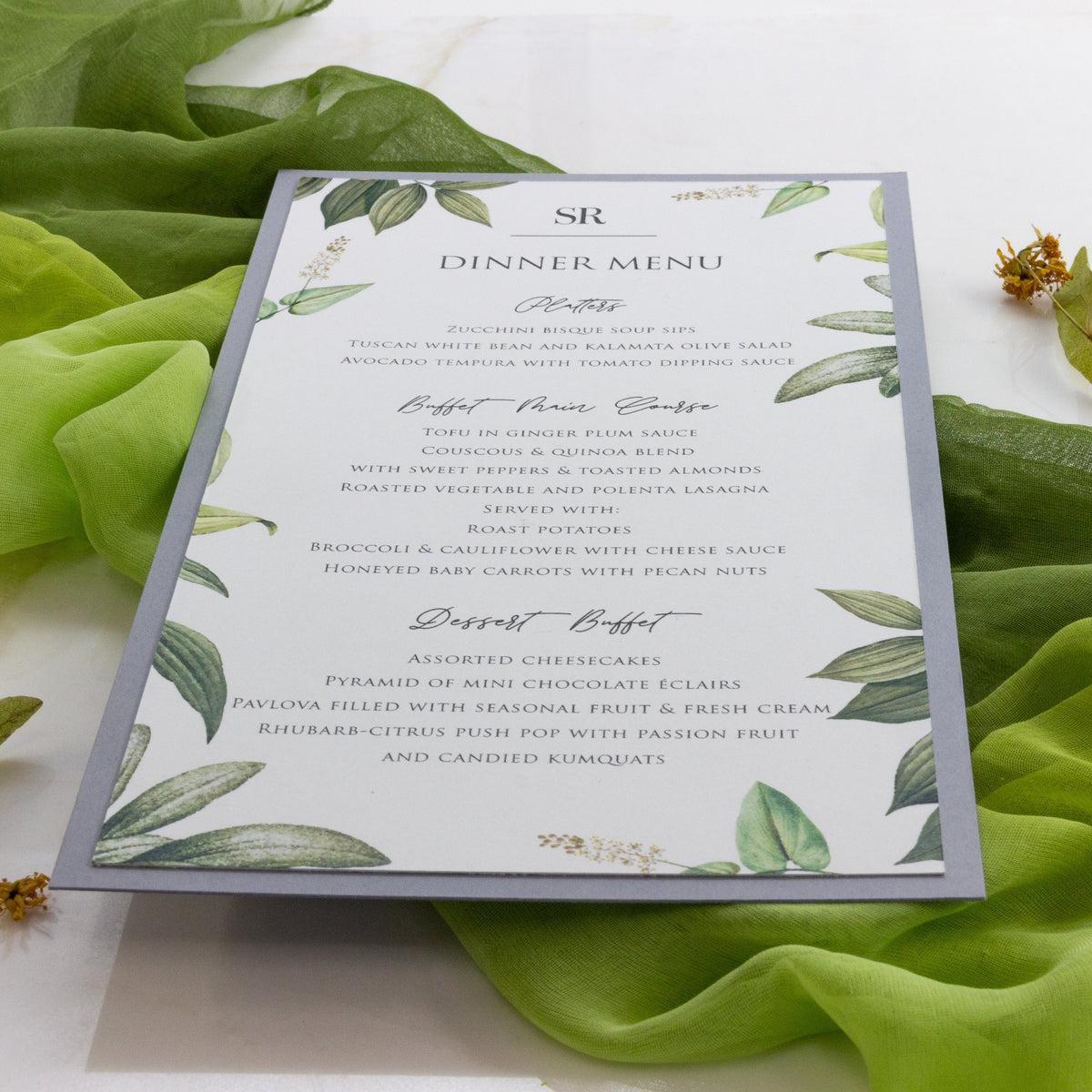 Greenery Ash Grey Plate Menu - Wedding Table Menu, On the Day Stationery