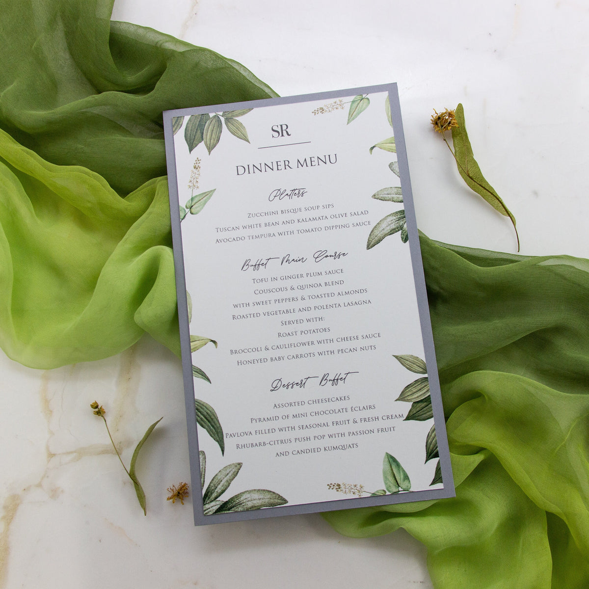 Greenery Ash Grey Plate Menu - Wedding Table Menu, On the Day Stationery