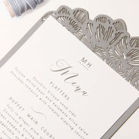 Orchid Ash Grey Plate Menu with Laser Cut Details - Wedding Table Menu, On the Day Stationery