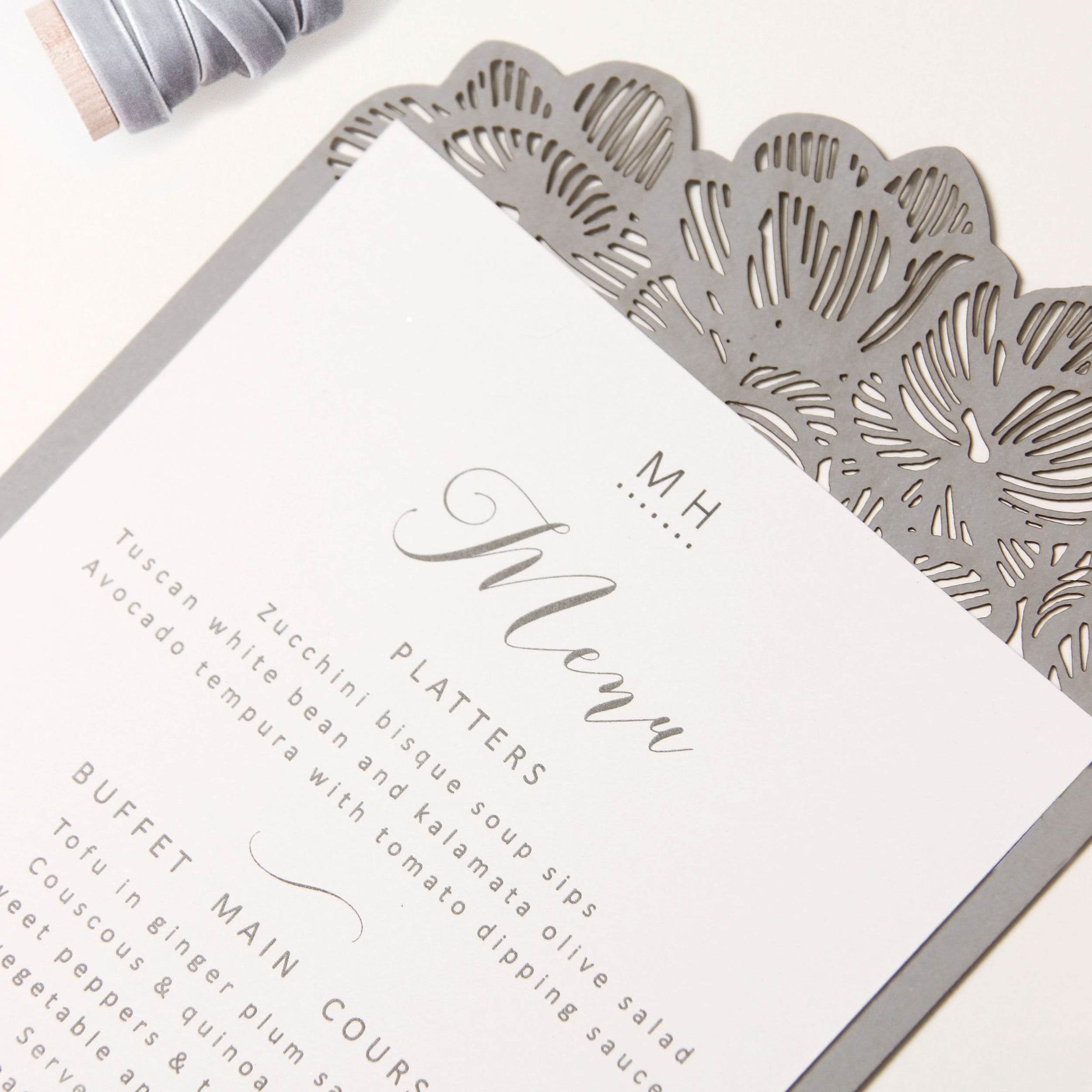 Orchid Ash Grey Plate Menu with Laser Cut Details - Wedding Table Menu, On the Day Stationery