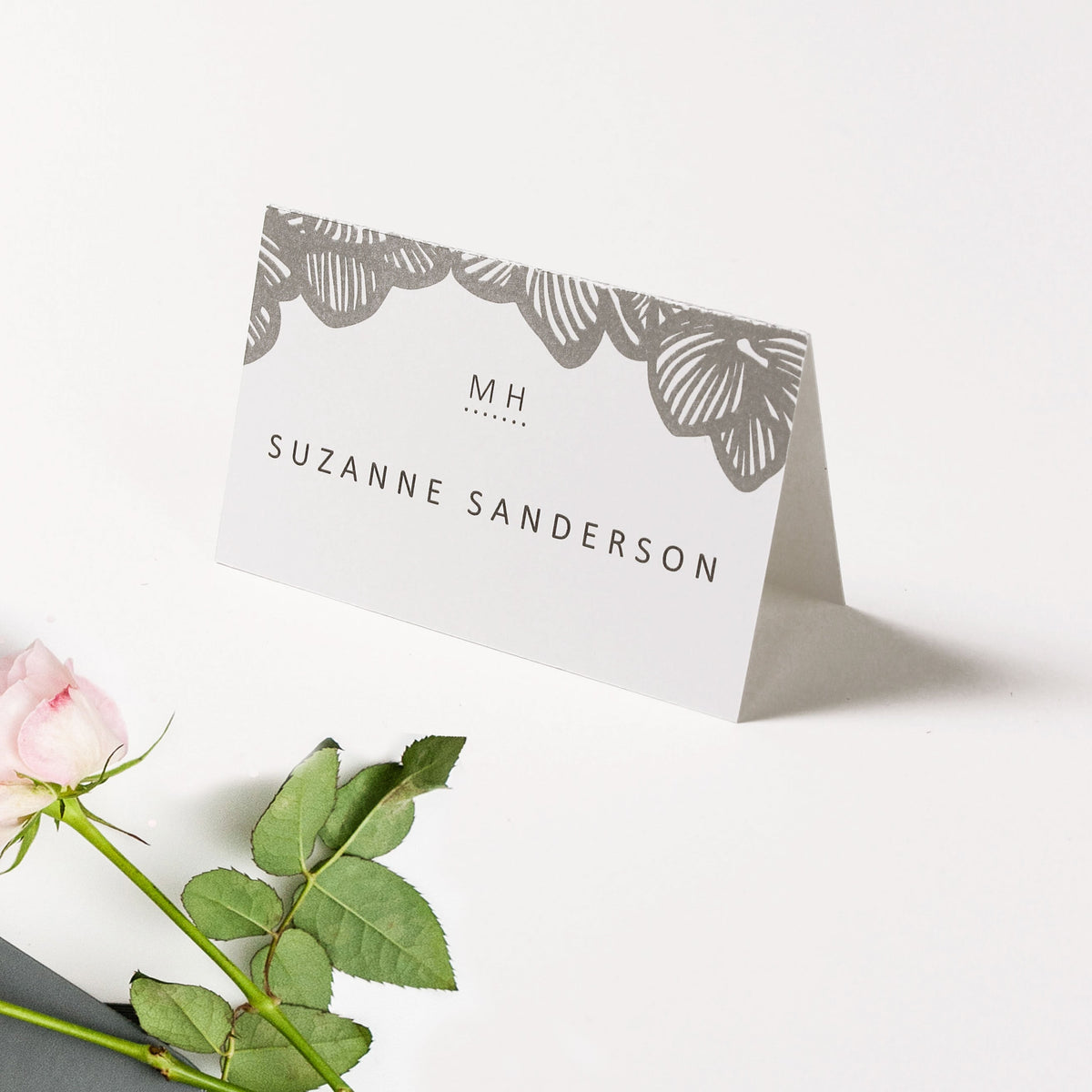Orchid Motif Light Grey Place Cards - Minimalist Wedding Place Cards, Wedding Stationery