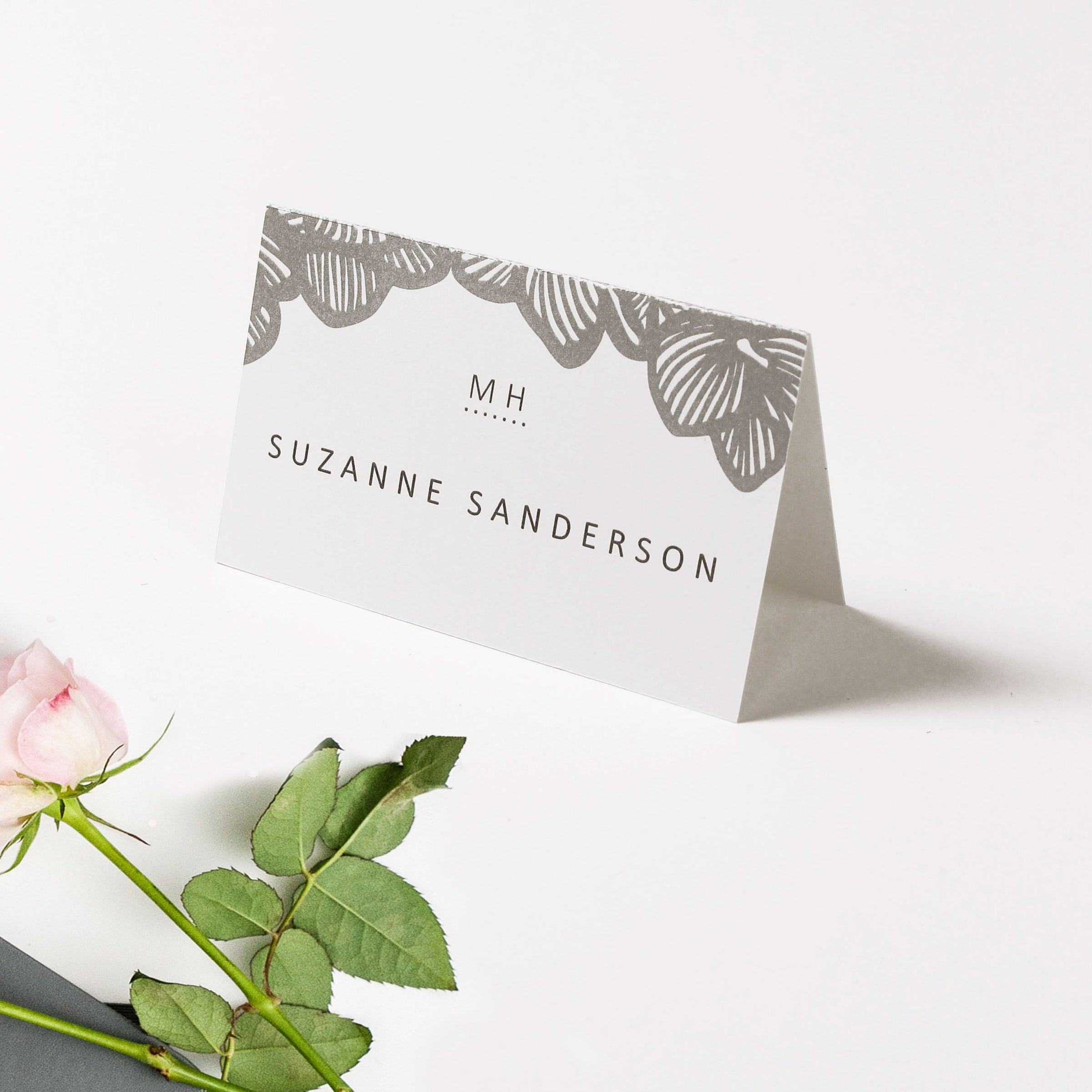 Orchid Motif Light Grey Place Cards - Minimalist Wedding Place Cards, Wedding Stationery