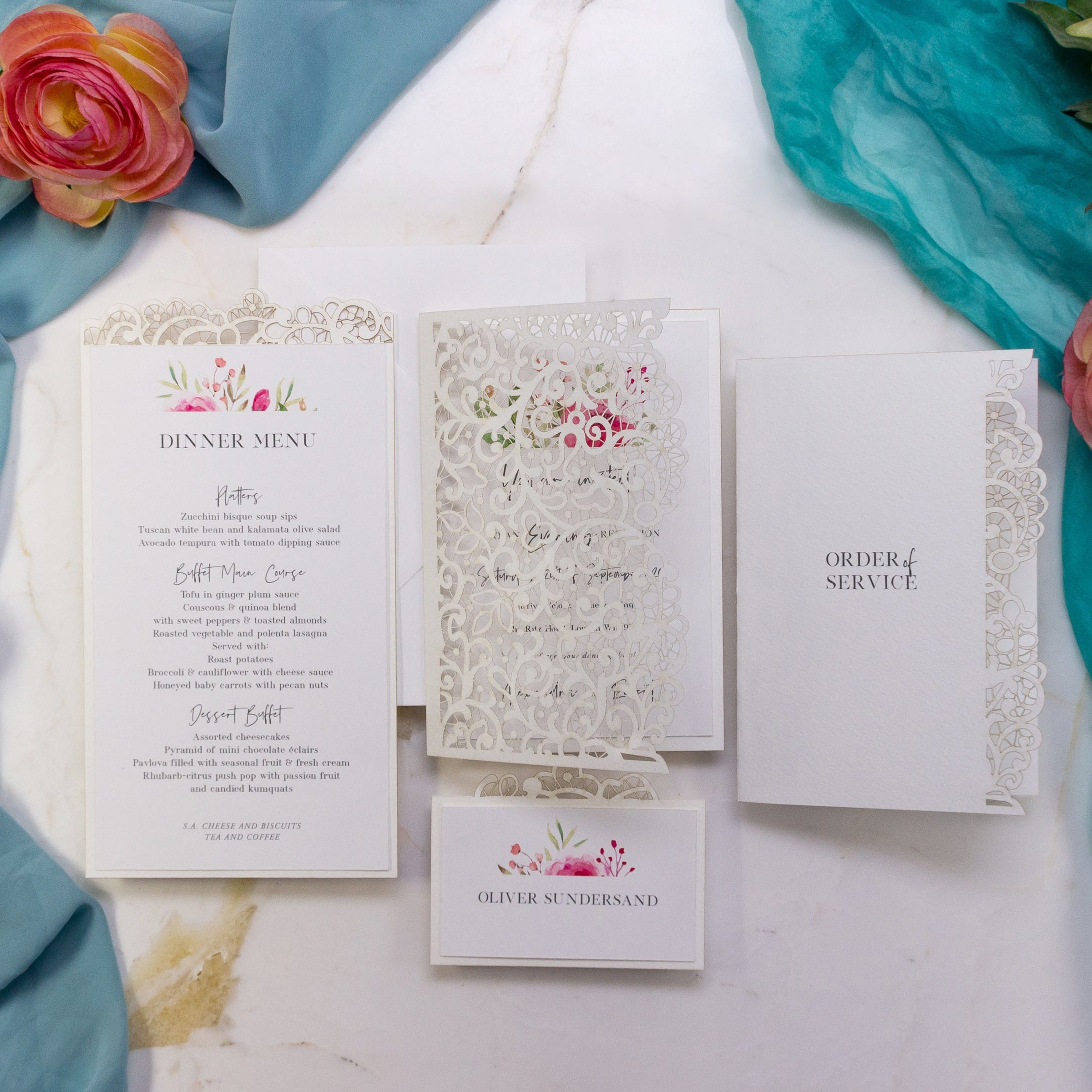 Delicate & Romantic Ecru Plate Menu with Laser Cut Details - Wedding Menu, On the Day Stationery