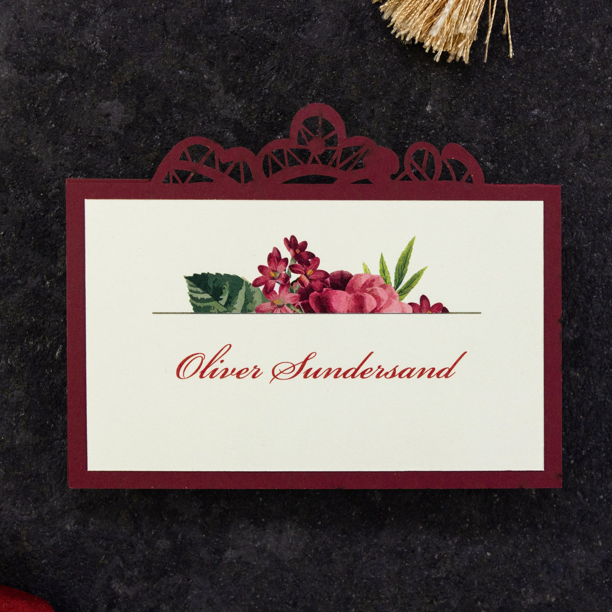 Elegant Luxury Wine Place Cards with Laser Cut Details - Wedding Stationery, Place Cards with Names