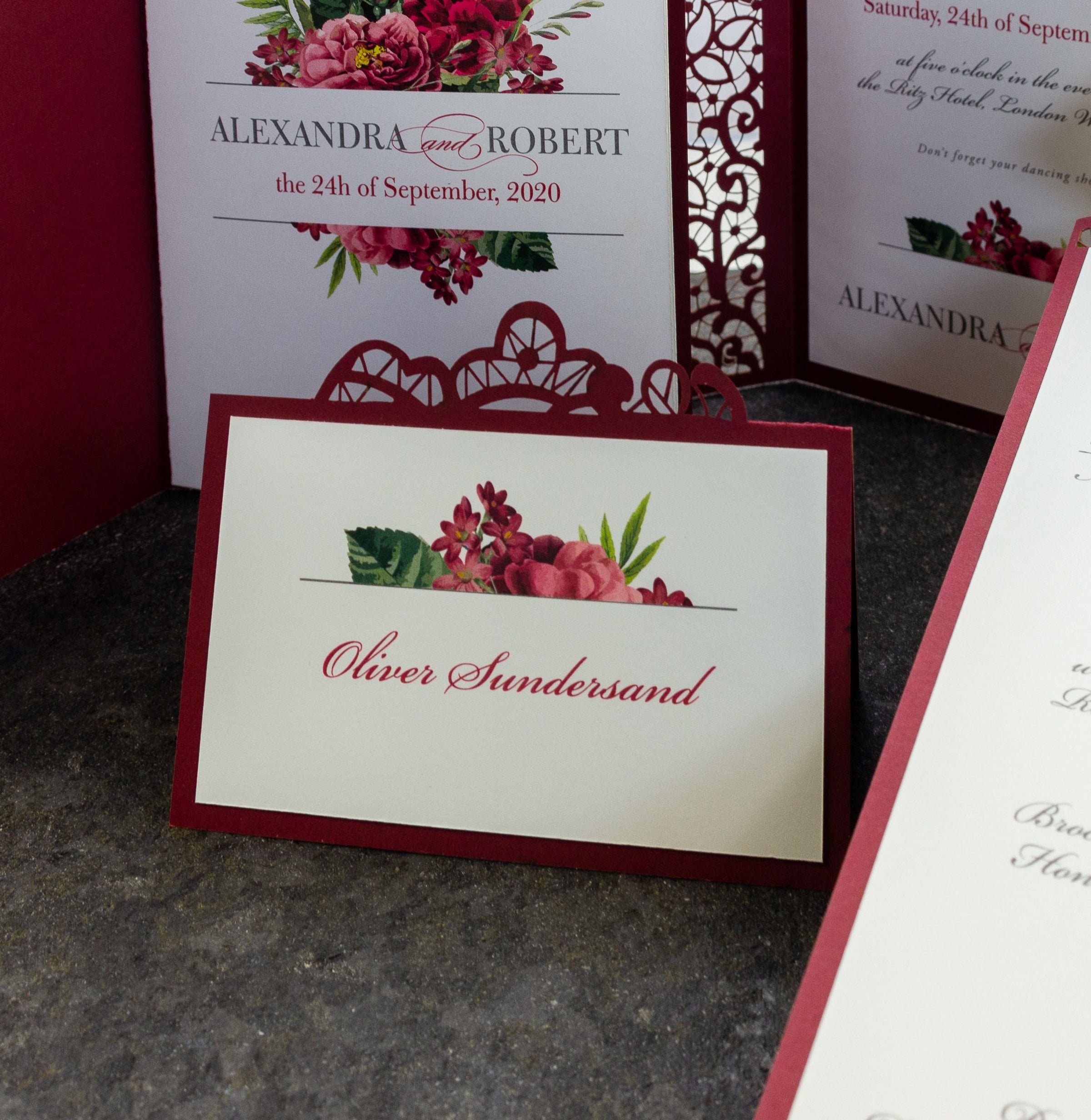 Elegant Luxury Wine Place Cards with Laser Cut Details - Wedding Stationery, Place Cards with Names
