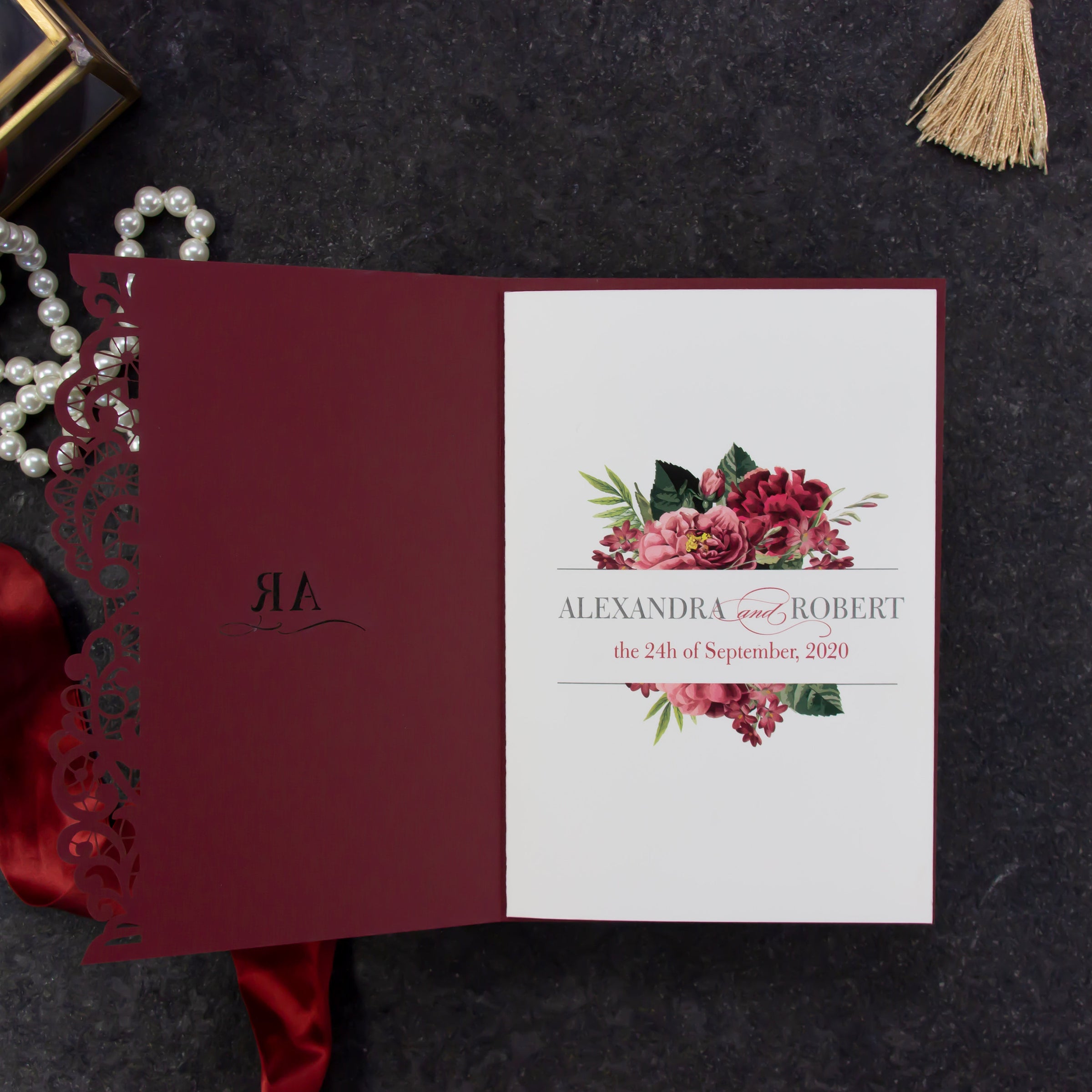 Elegant Luxury Wine Order of Service with Laser Cut Details - Wedding Stationery