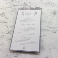 Ash Grey Elegant Plate Menu with Laser Cut Details - Wedding Table Menu, On the Day Stationery