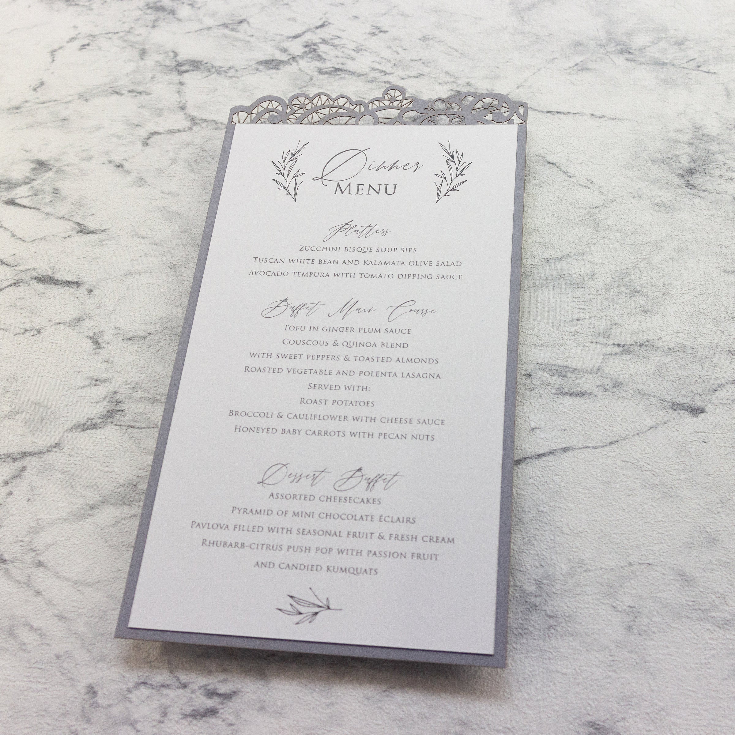 Ash Grey Elegant Plate Menu with Laser Cut Details - Wedding Table Menu, On the Day Stationery