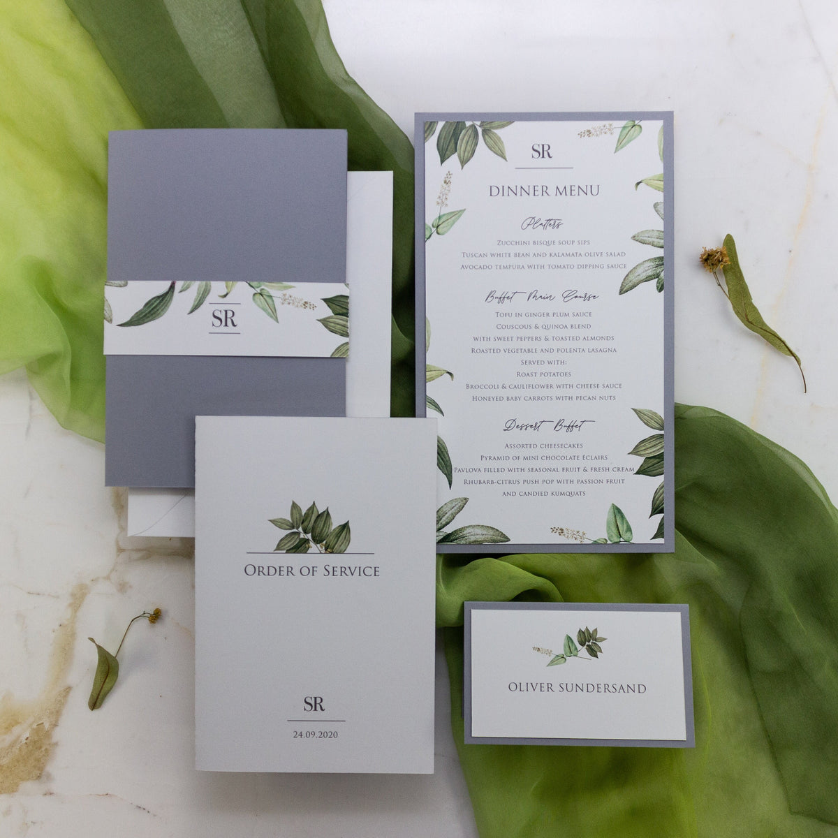 Greenery Ash Grey Plate Menu - Wedding Table Menu, On the Day Stationery