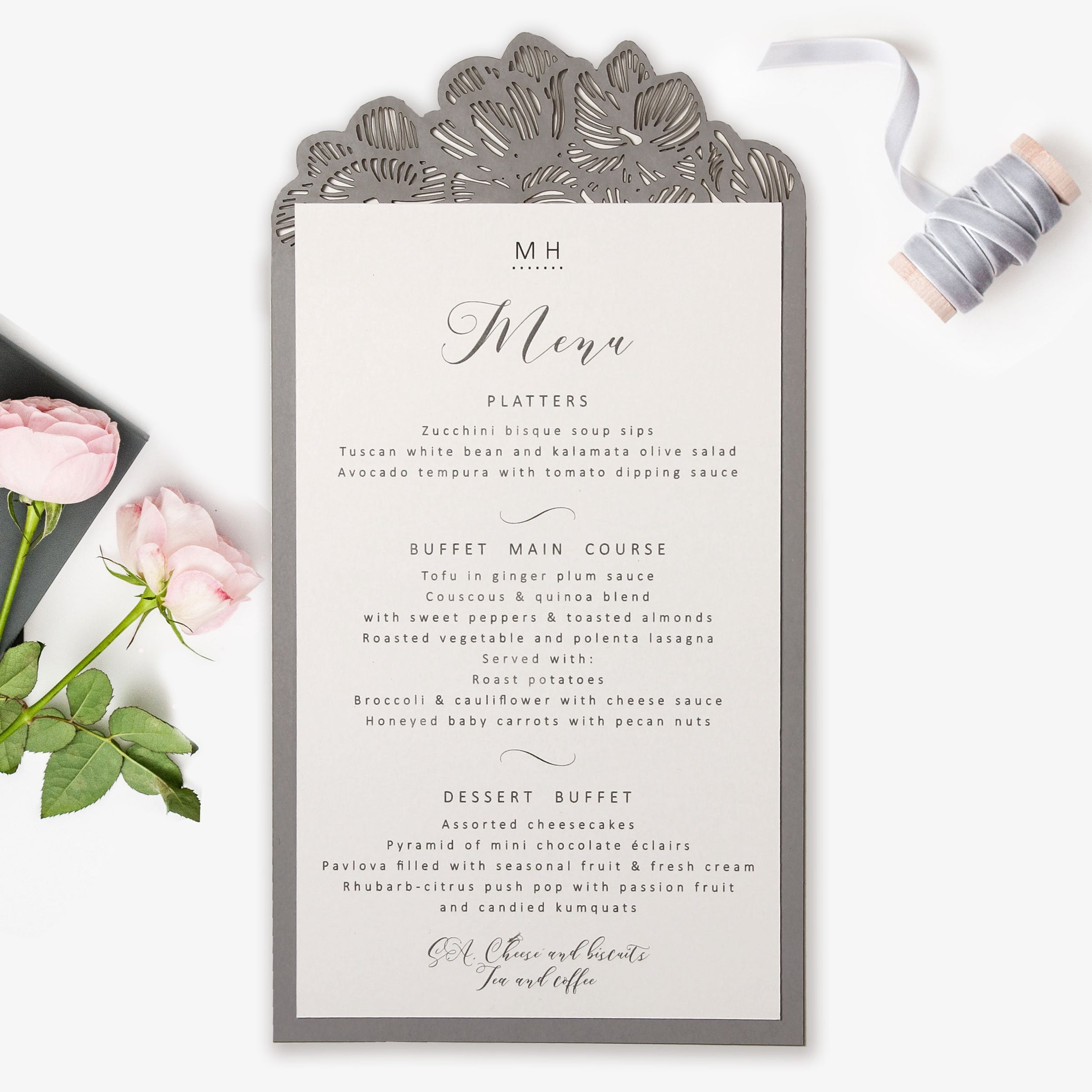 Orchid Ash Grey Plate Menu with Laser Cut Details - Wedding Table Menu, On the Day Stationery