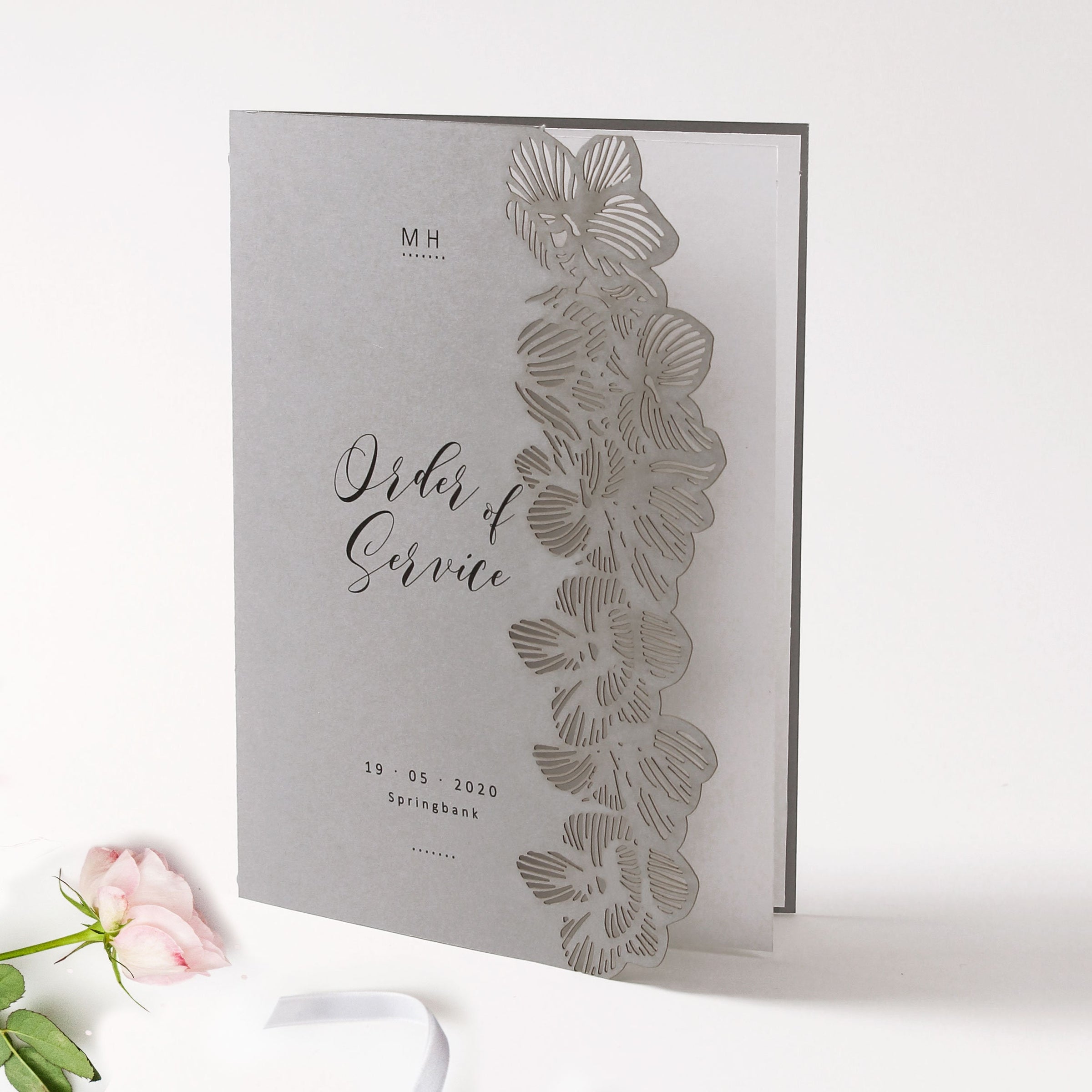 Order of Service with Orchid Motif Light Grey Cover - Laser Cut Details, Wedding Booklet