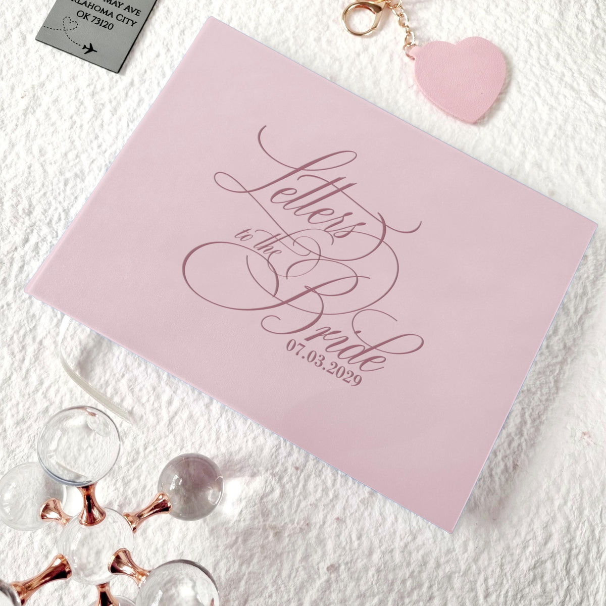 Personalized “Letters to the Bride” book with blush pink vegan leather cover and elegant engraving. A meaningful keepsake for bridal showers or weddings, perfect for collecting heartfelt notes, wishes, and advice from loved ones.