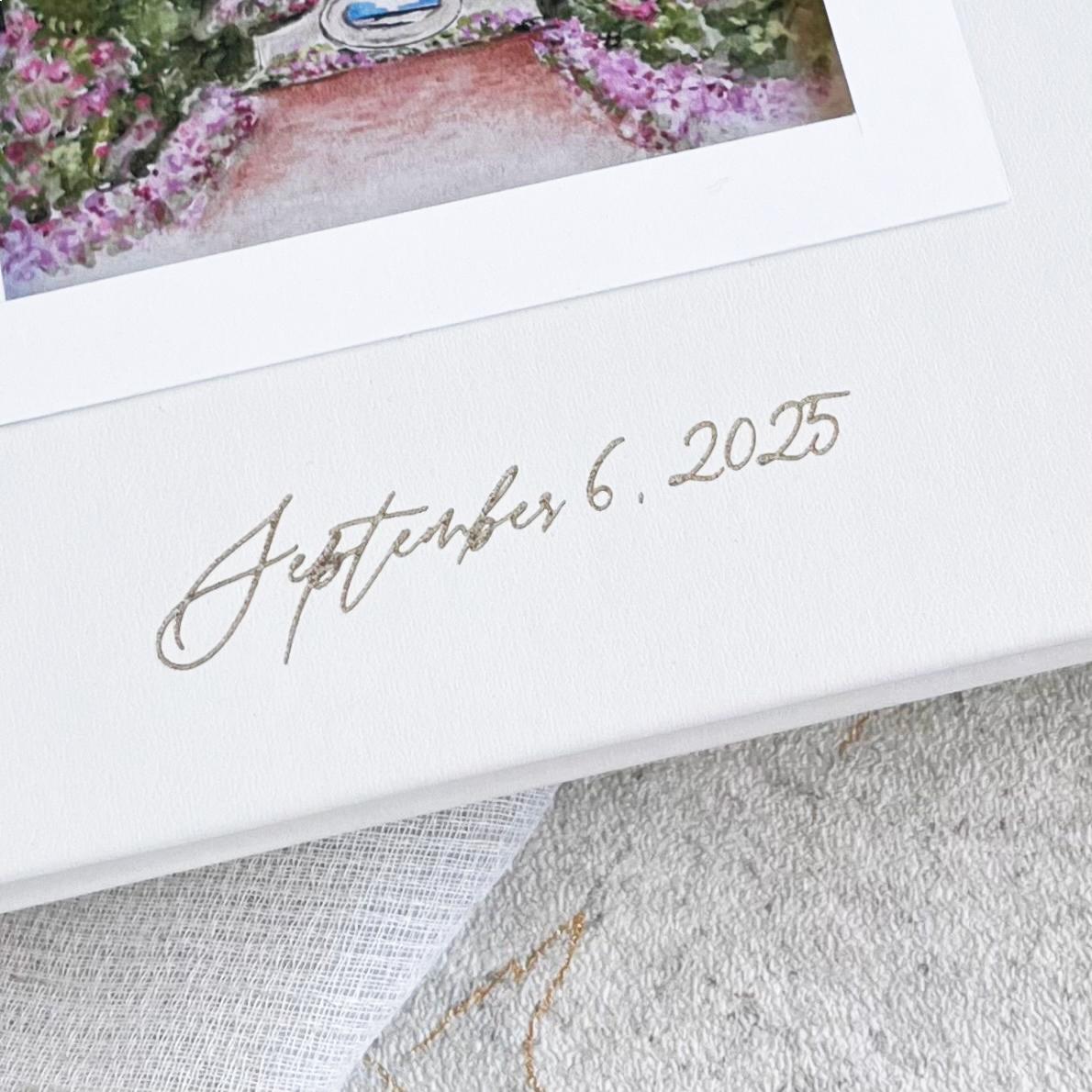 Elegant custom wedding guest book in white vegan leather, featuring laser-engraved dates, ideal as a wedding gift or keepsake.