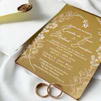 Gold Mirror Acrylic Wedding Invitation Set with Floral Design & Cream Envelopes with Wax Seal, Invitaciones de Boda