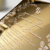 Gold Mirror Acrylic Wedding Invitation Set with Floral Design & Cream Envelopes with Wax Seal, Invitaciones de Boda