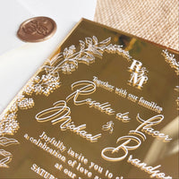 Gold Mirror Acrylic Wedding Invitation Set with Floral Design & Cream Envelopes with Wax Seal, Invitaciones de Boda