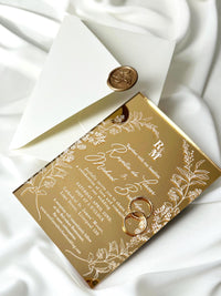 Gold Mirror Acrylic Wedding Invitation Set with Floral Design & Cream Envelopes with Wax Seal, Invitaciones de Boda