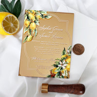Gold Mirror Acrylic Invitation, Mediterranean Lemon Wedding Card, Personalised Destination Invite from Santorini