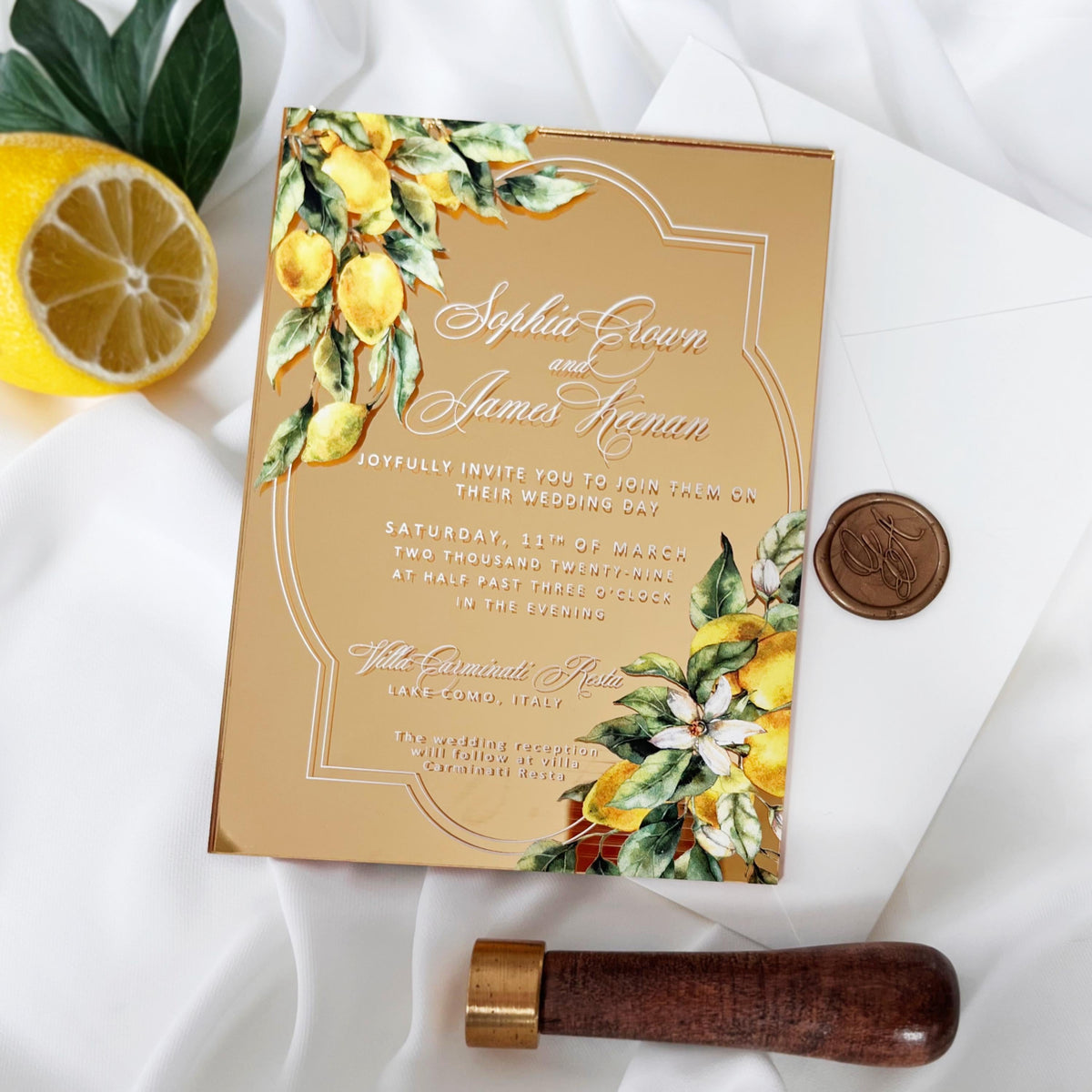 Gold Mirror Acrylic Invitation, Mediterranean Lemon Wedding Card, Personalised Destination Invite from Santorini