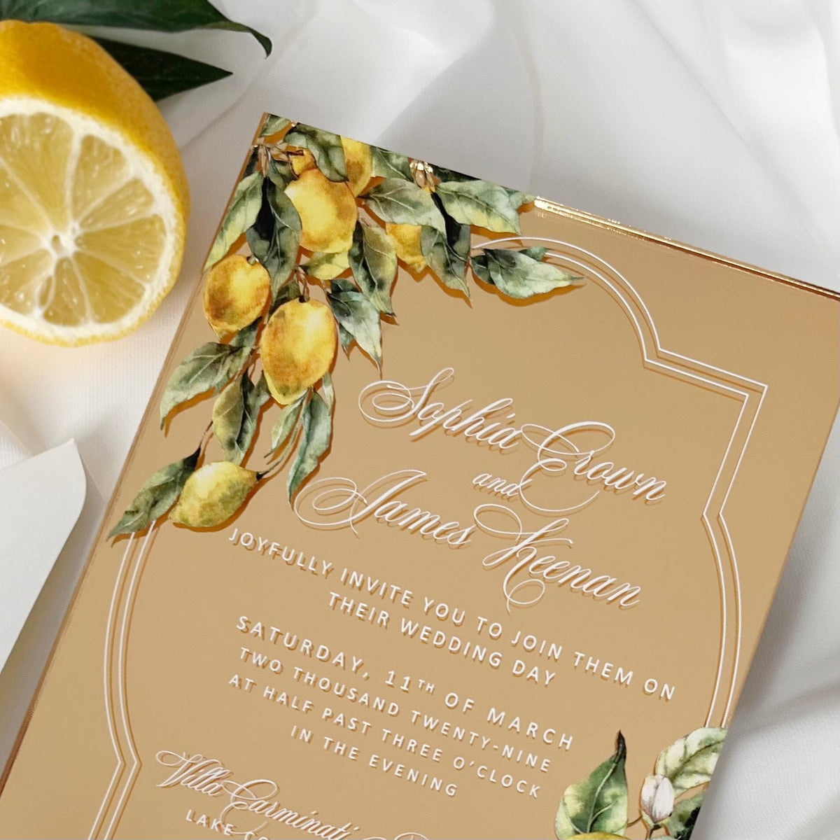 Gold Mirror Acrylic Invitation, Mediterranean Lemon Wedding Card, Personalised Destination Invite from Santorini