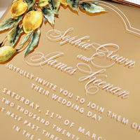 Gold Mirror Acrylic Invitation, Mediterranean Lemon Wedding Card, Personalised Destination Invite from Santorini