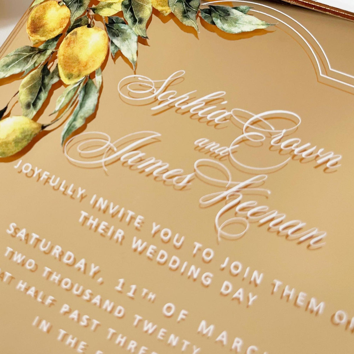 Gold Mirror Acrylic Invitation, Mediterranean Lemon Wedding Card, Personalised Destination Invite from Santorini