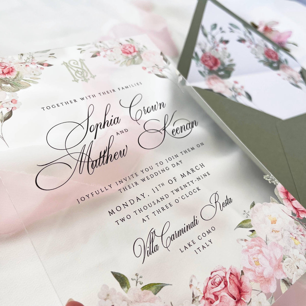 Modern floral acrylic invitation with roses, paired with sage envelope, white printed liner