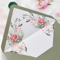 Sage envelope and printed floral liner, finished with a monogram wax seal.