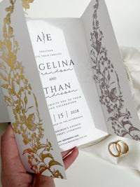 Clear Acrylic Wedding Invitation with Gold Foil Vellum Cover, Black UV Print, Wax Seal & Ribbon