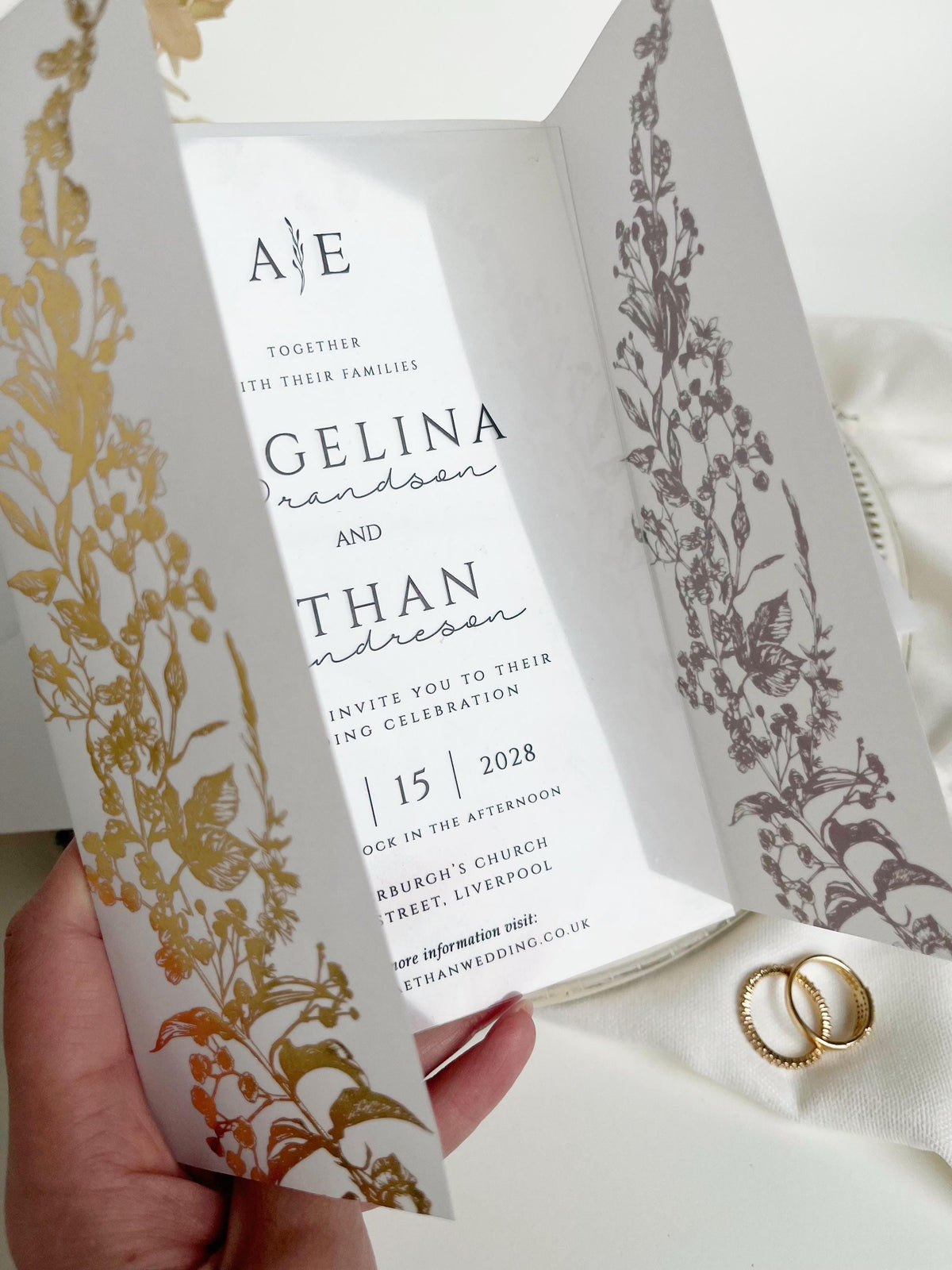 Clear Acrylic Wedding Invitation with Gold Foil Vellum Cover, Black UV Print, Wax Seal & Ribbon