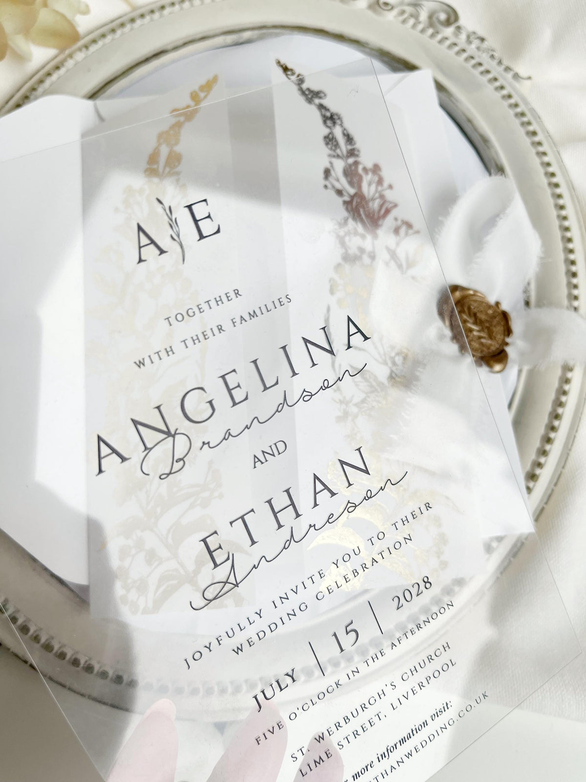 Clear Acrylic Wedding Invitation with Gold Foil Vellum Cover, Black UV Print, Wax Seal & Ribbon