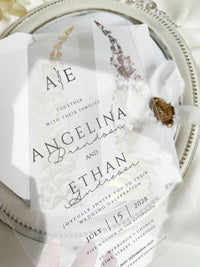 Clear Acrylic Wedding Invitation with Gold Foil Vellum Cover, Black UV Print, Wax Seal & Ribbon