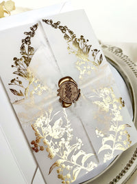 Clear Acrylic Wedding Invitation with Gold Foil Vellum Cover, Black UV Print, Wax Seal & Ribbon