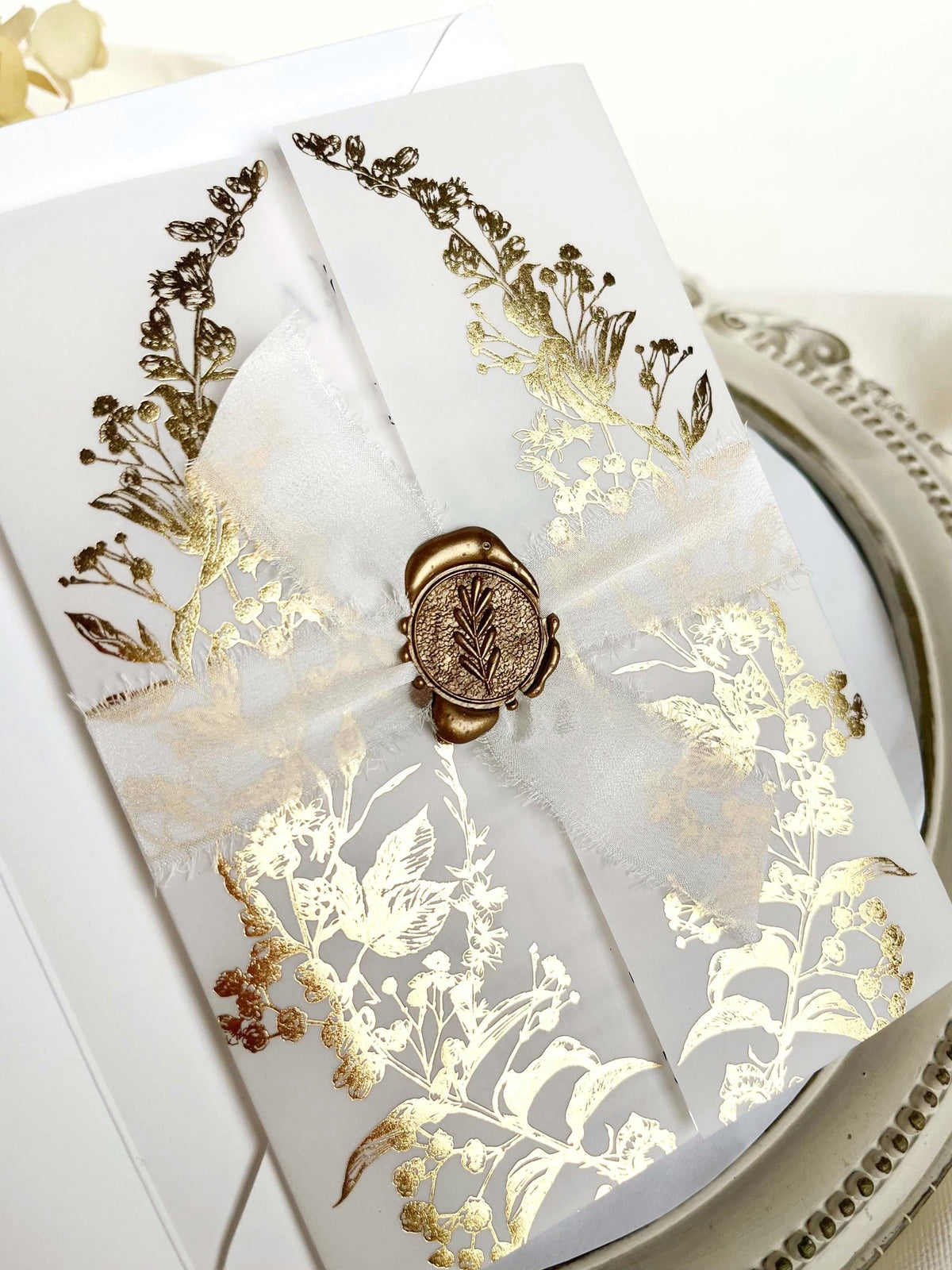 Clear Acrylic Wedding Invitation with Gold Foil Vellum Cover, Black UV Print, Wax Seal & Ribbon