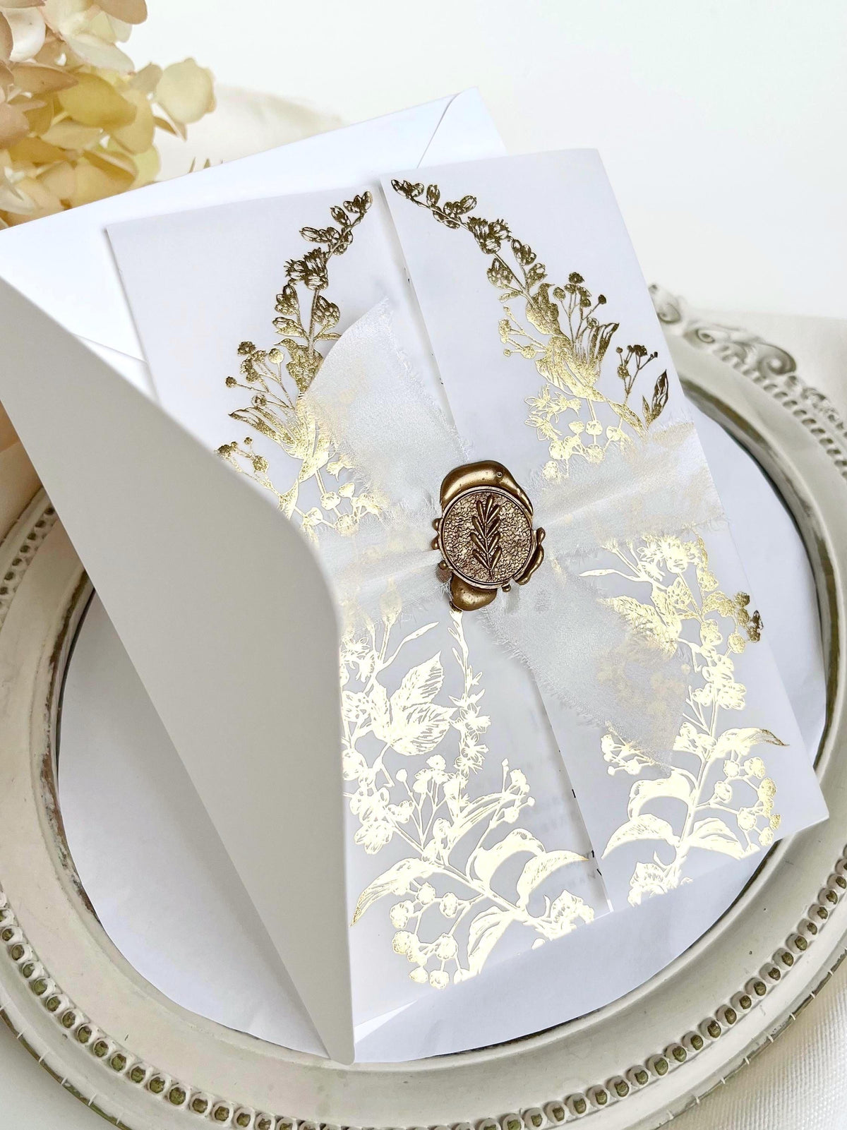 Clear Acrylic Wedding Invitation with Gold Foil Vellum Cover, Black UV Print, Wax Seal & Ribbon