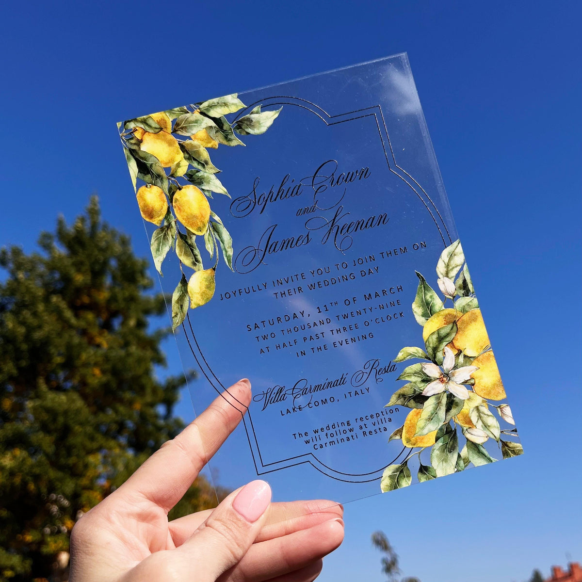 Santorini Acrylic Wedding Invitations – Mediterranean Lemon Design