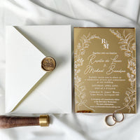 Gold Mirror Acrylic Wedding Invitation Set with Floral Design & Cream Envelopes with Wax Seal, Invitaciones de Boda