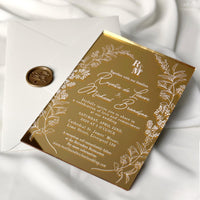 Gold Mirror Acrylic Wedding Invitation Set with Floral Design & Cream Envelopes with Wax Seal, Invitaciones de Boda