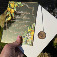 Gold Mirror Acrylic Invitation, Mediterranean Lemon Wedding Card, Personalised Destination Invite from Santorini