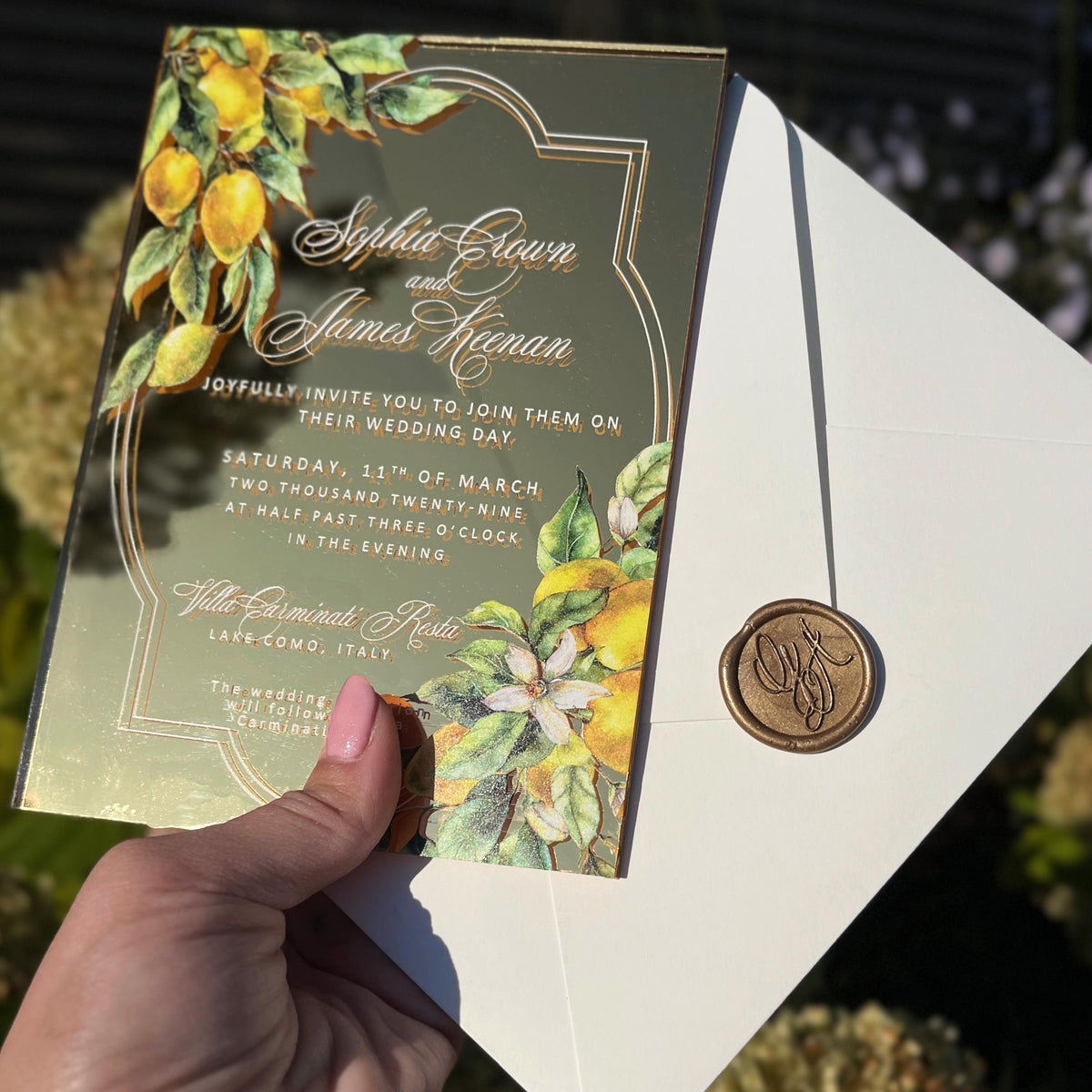 Gold Mirror Acrylic Invitation, Mediterranean Lemon Wedding Card, Personalised Destination Invite from Santorini