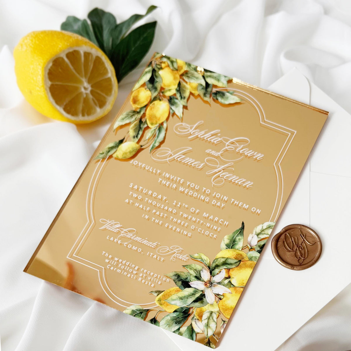 Gold Mirror Acrylic Invitation, Mediterranean Lemon Wedding Card, Personalised Destination Invite from Santorini