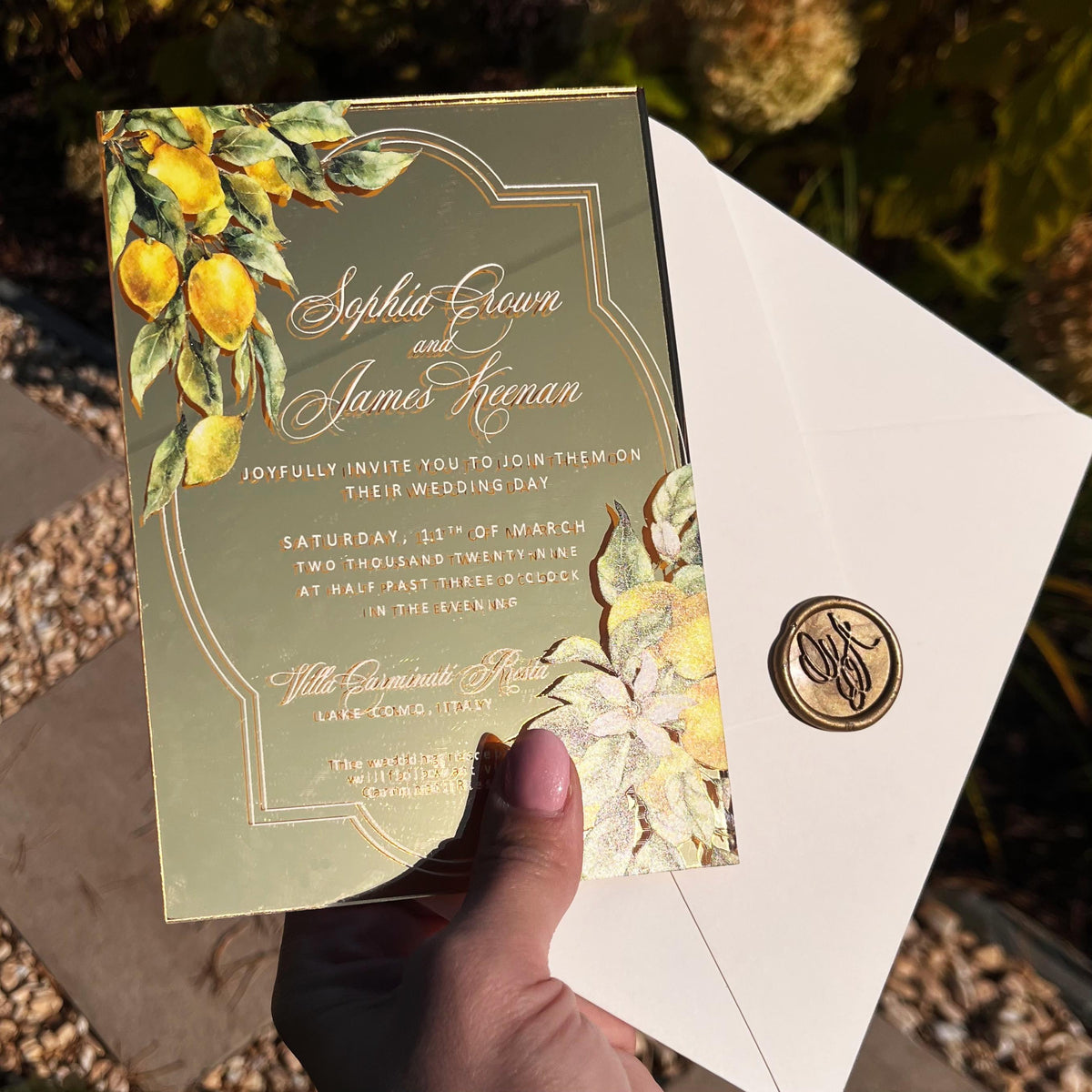 Gold Mirror Acrylic Invitation, Mediterranean Lemon Wedding Card, Personalised Destination Invite from Santorini