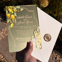 Gold Mirror Acrylic Invitation, Mediterranean Lemon Wedding Card, Personalised Destination Invite from Santorini