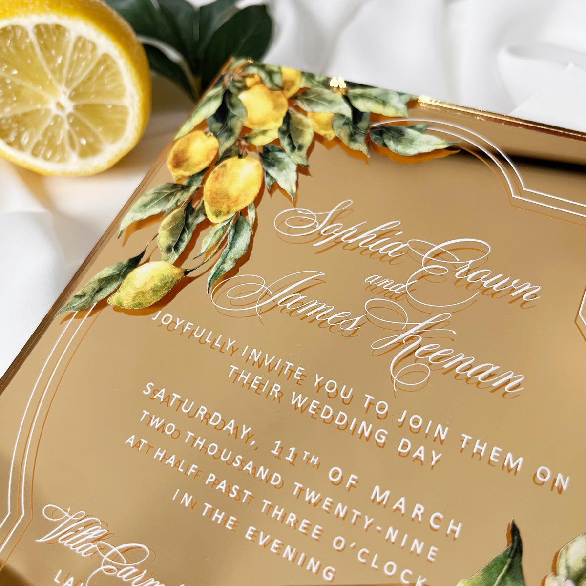 Gold Mirror Acrylic Invitation, Mediterranean Lemon Wedding Card, Personalised Destination Invite from Santorini